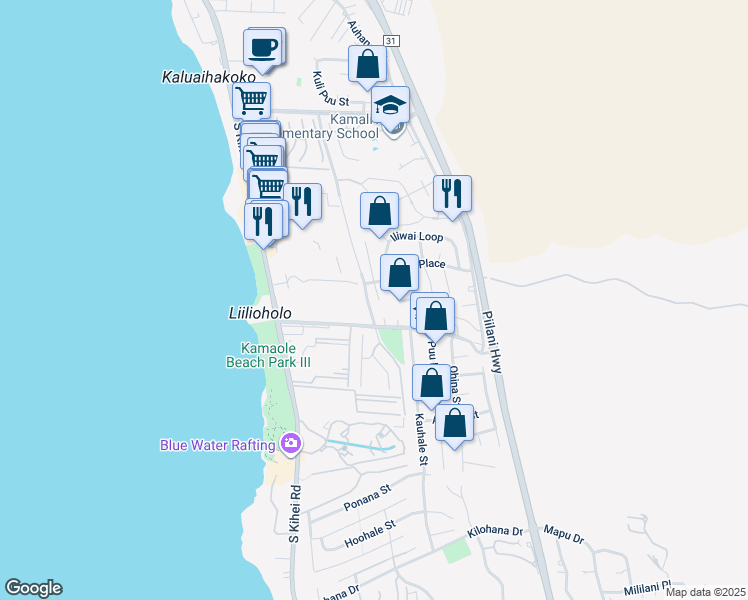 map of restaurants, bars, coffee shops, grocery stores, and more near 2616 Mikoi Place in Kihei