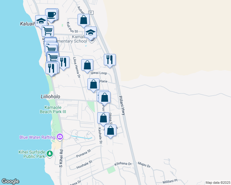 map of restaurants, bars, coffee shops, grocery stores, and more near 2626 Kanakanui Road in Kihei