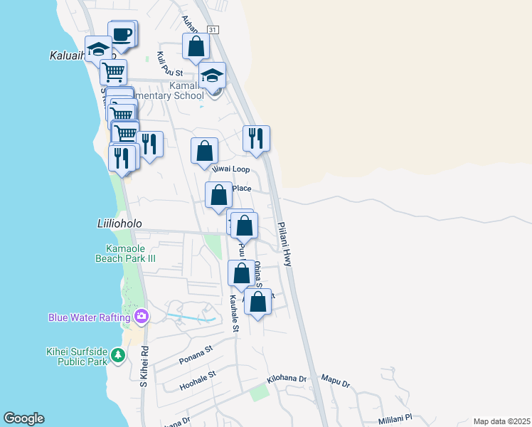 map of restaurants, bars, coffee shops, grocery stores, and more near 2635 Lioholo Place in Kihei