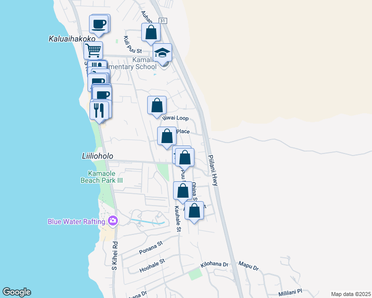 map of restaurants, bars, coffee shops, grocery stores, and more near 212 Kamakoi Loop in Kihei
