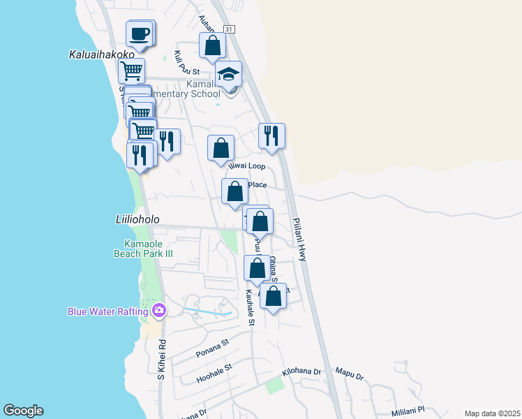 map of restaurants, bars, coffee shops, grocery stores, and more near 2641 Moolio Place in Kihei