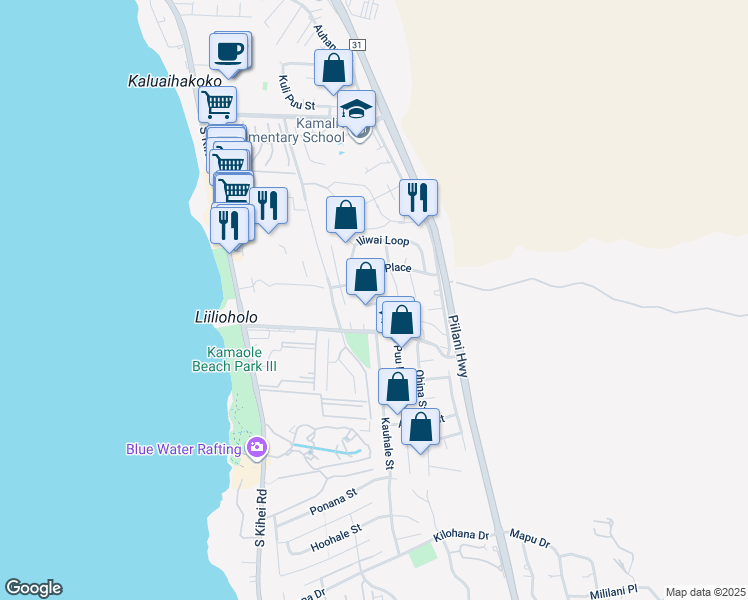 map of restaurants, bars, coffee shops, grocery stores, and more near 215 Kamakoi Loop in Kihei
