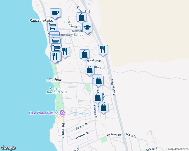 map of restaurants, bars, coffee shops, grocery stores, and more near 216 Kamakoi Loop in Kihei