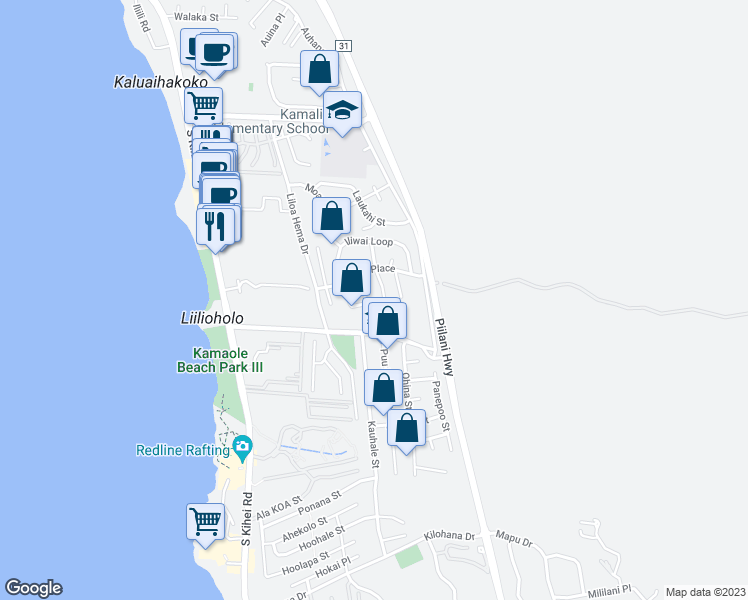map of restaurants, bars, coffee shops, grocery stores, and more near 216 Kamakoi Loop in Kihei