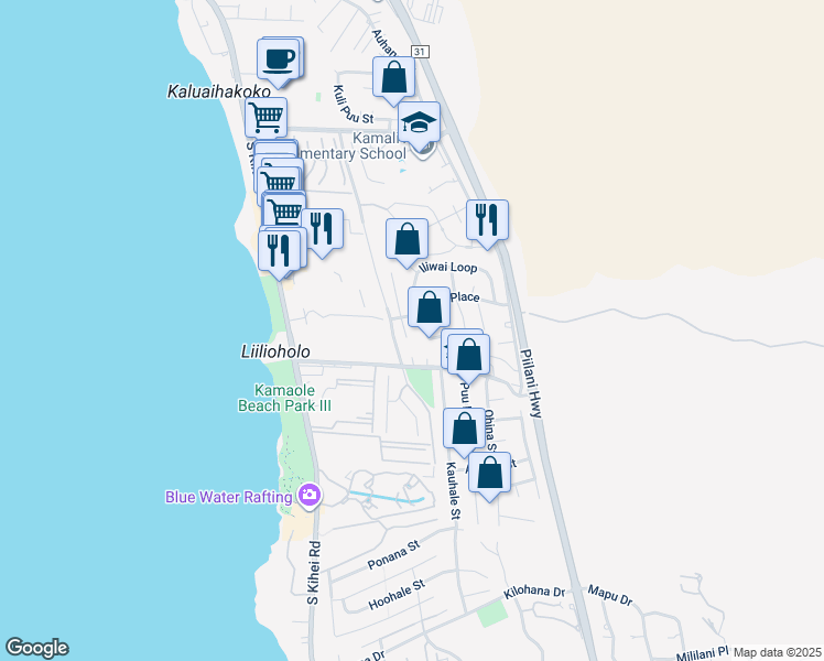map of restaurants, bars, coffee shops, grocery stores, and more near 2611 Mikoi Place in Kihei