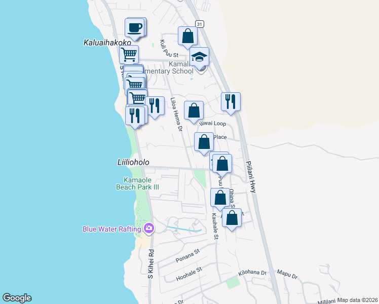 map of restaurants, bars, coffee shops, grocery stores, and more near 2600 Mikoi Place in Kihei