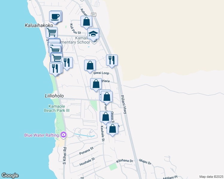 map of restaurants, bars, coffee shops, grocery stores, and more near 2627 Lioholo Place in Kihei