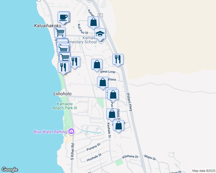 map of restaurants, bars, coffee shops, grocery stores, and more near 224 Kamakoi Loop in Kihei