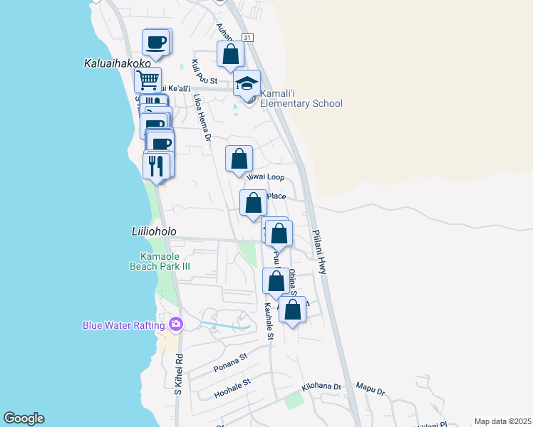 map of restaurants, bars, coffee shops, grocery stores, and more near 224 Kamakoi Loop in Kihei