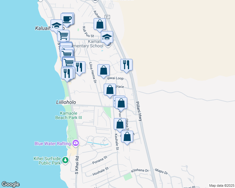 map of restaurants, bars, coffee shops, grocery stores, and more near 2624 Moolio Place in Kihei