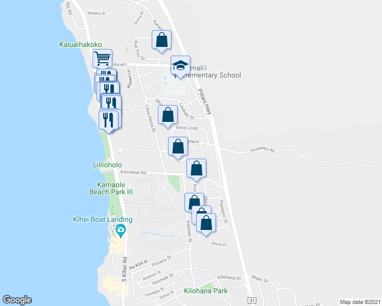map of restaurants, bars, coffee shops, grocery stores, and more near 2624 Moolio Place in Kihei