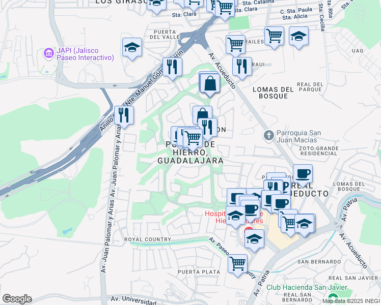 map of restaurants, bars, coffee shops, grocery stores, and more near in Zapopan