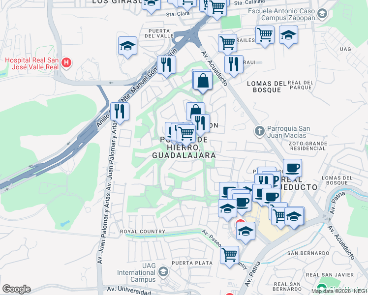 map of restaurants, bars, coffee shops, grocery stores, and more near in Zapopan