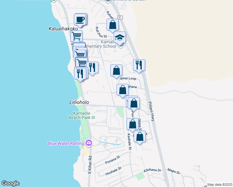 map of restaurants, bars, coffee shops, grocery stores, and more near 2595 Mikoi Place in Kihei