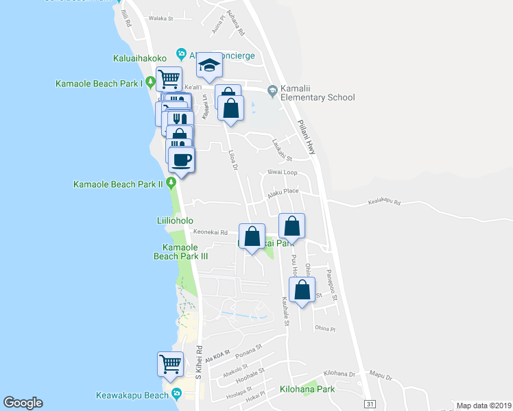 map of restaurants, bars, coffee shops, grocery stores, and more near 2595 Mikoi Place in Kihei
