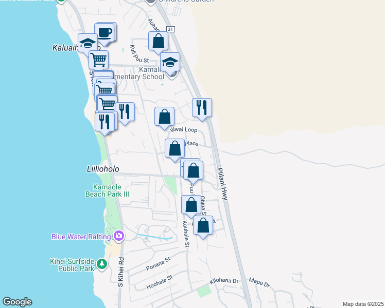 map of restaurants, bars, coffee shops, grocery stores, and more near 2621 Moolio Place in Kihei