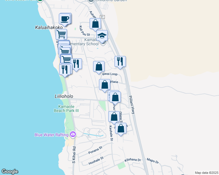 map of restaurants, bars, coffee shops, grocery stores, and more near 228 Kamakoi Loop in Kihei
