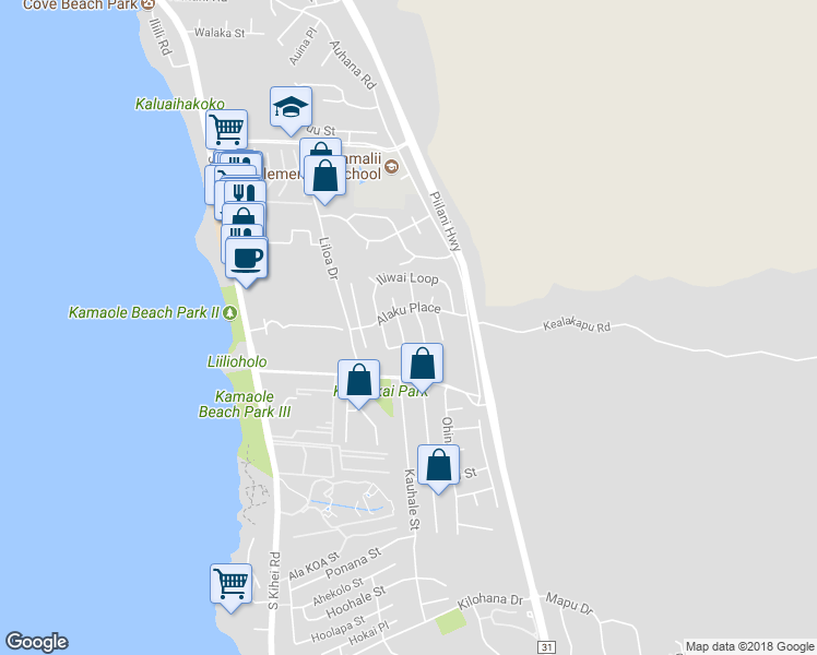 map of restaurants, bars, coffee shops, grocery stores, and more near 228 Kamakoi Loop in Kihei