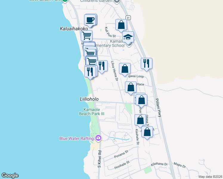 map of restaurants, bars, coffee shops, grocery stores, and more near 2600 Mikoi Place in Kihei