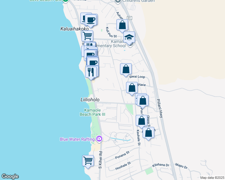 map of restaurants, bars, coffee shops, grocery stores, and more near 2575 South Kihei Road in Kihei