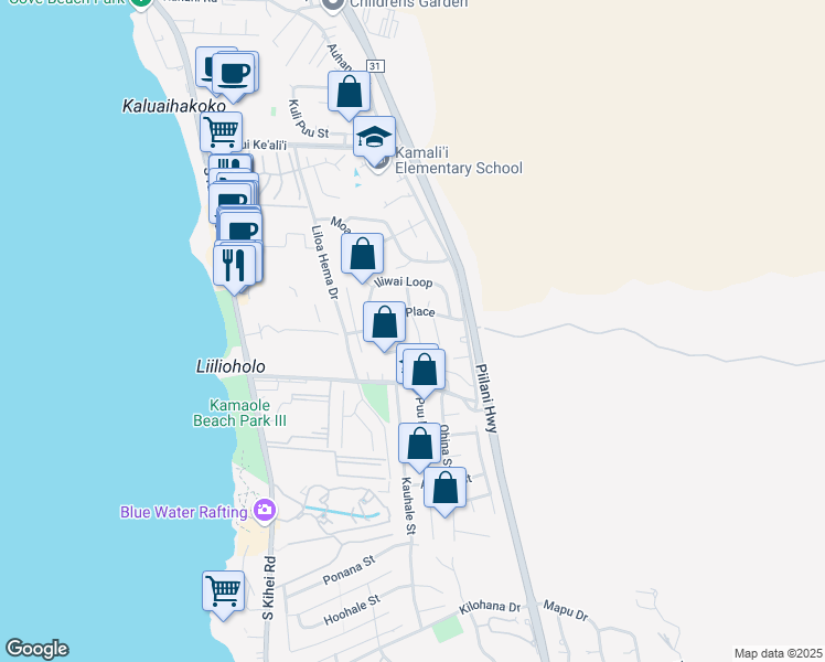 map of restaurants, bars, coffee shops, grocery stores, and more near 2614 Moolio Place in Kihei