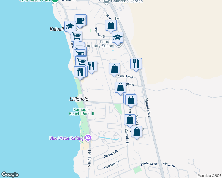 map of restaurants, bars, coffee shops, grocery stores, and more near 2582 Omiko Place in Kihei