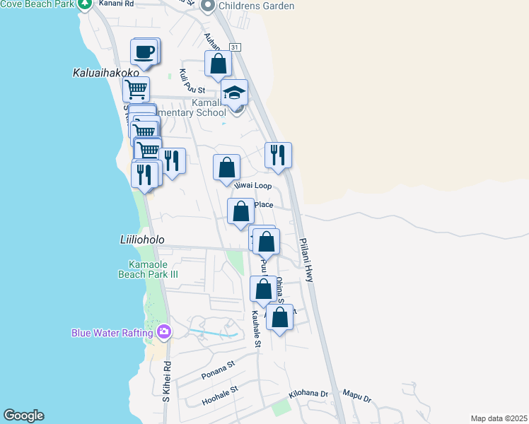 map of restaurants, bars, coffee shops, grocery stores, and more near 2607 Moolio Place in Kihei
