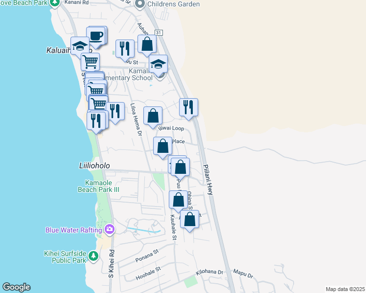 map of restaurants, bars, coffee shops, grocery stores, and more near 2600 Lioholo Place in Kihei