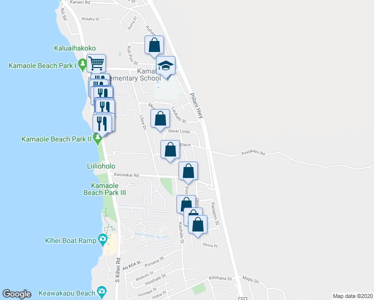 map of restaurants, bars, coffee shops, grocery stores, and more near 2607 Moolio Place in Kihei