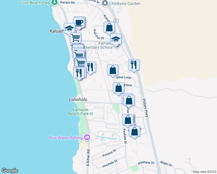 map of restaurants, bars, coffee shops, grocery stores, and more near 2570 Omiko Place in Kihei