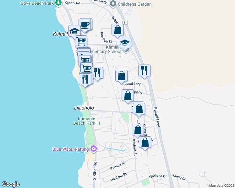 map of restaurants, bars, coffee shops, grocery stores, and more near 2570 Omiko Place in Kihei
