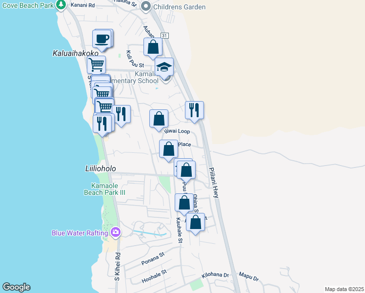map of restaurants, bars, coffee shops, grocery stores, and more near 2597 Moolio Place in Kihei
