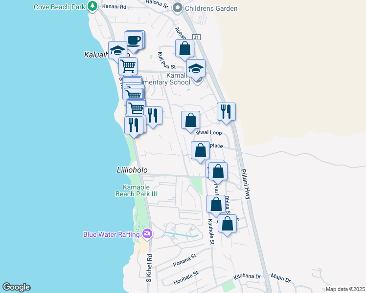map of restaurants, bars, coffee shops, grocery stores, and more near 2562 Omiko Place in Kihei