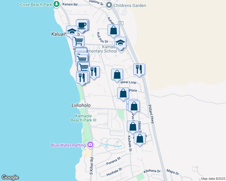 map of restaurants, bars, coffee shops, grocery stores, and more near 2562 Omiko Place in Kihei