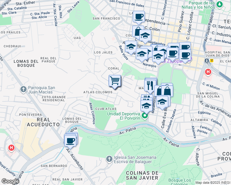 map of restaurants, bars, coffee shops, grocery stores, and more near 80 Atlas Colomos in Zapopan