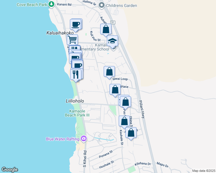 map of restaurants, bars, coffee shops, grocery stores, and more near 2561 Omiko Place in Kihei