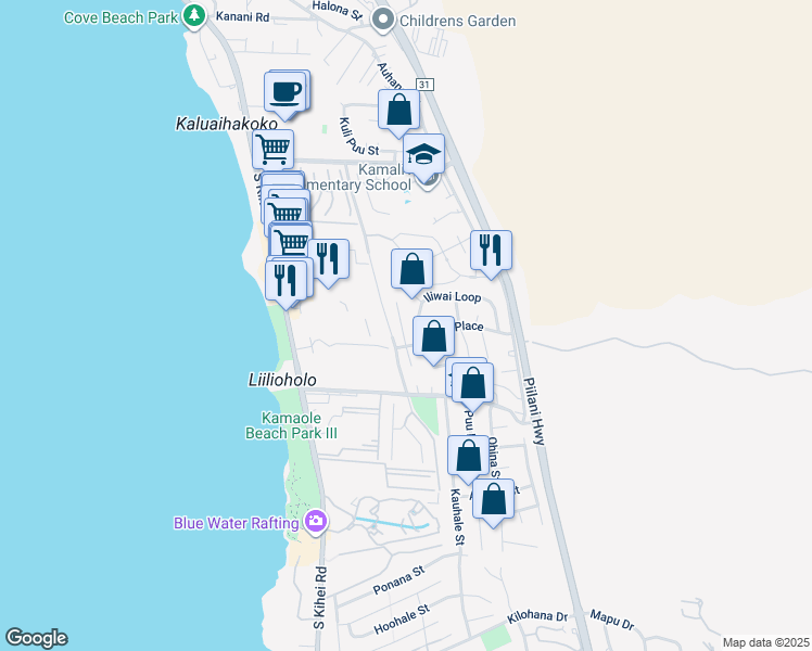 map of restaurants, bars, coffee shops, grocery stores, and more near 2561 Omiko Place in Kihei