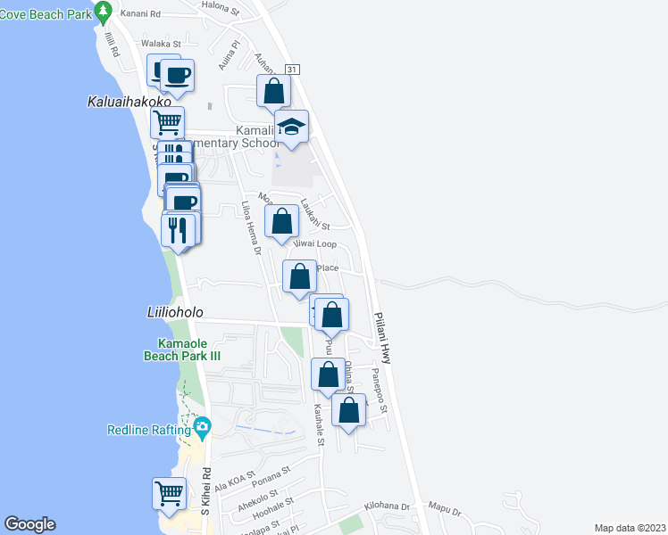 map of restaurants, bars, coffee shops, grocery stores, and more near Alaku Place in Kihei