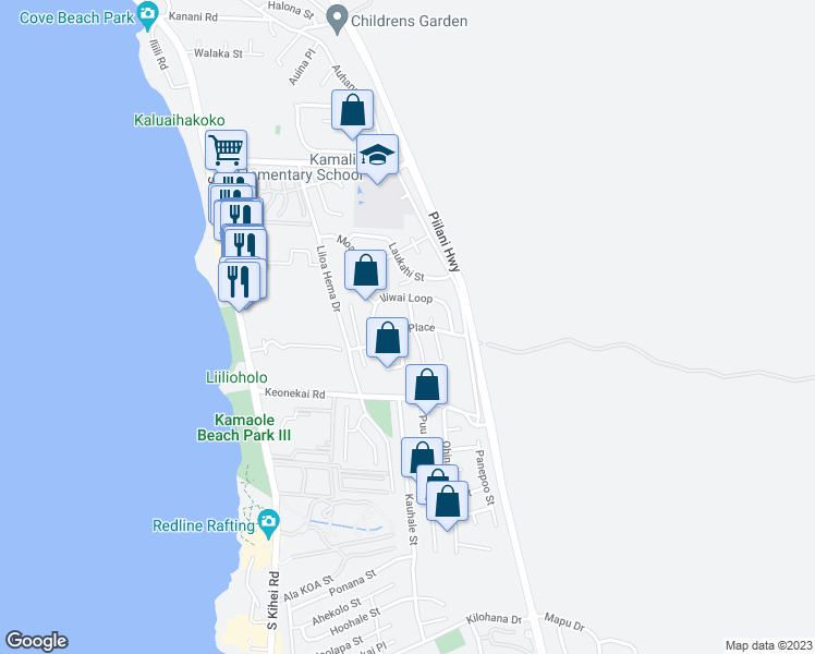 map of restaurants, bars, coffee shops, grocery stores, and more near 2586 Hunakai Street in Kihei