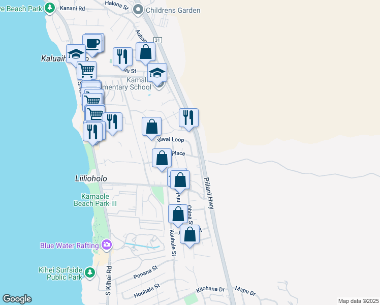 map of restaurants, bars, coffee shops, grocery stores, and more near 182 Iliwai Loop in Kihei