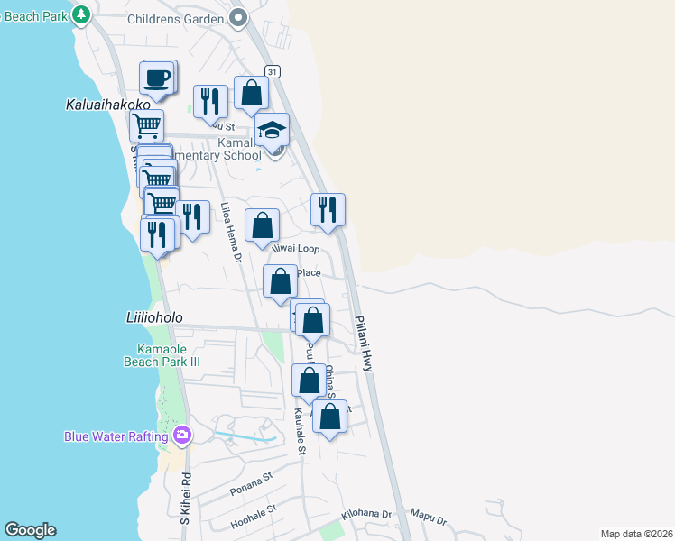 map of restaurants, bars, coffee shops, grocery stores, and more near 182 Iliwai Loop in Kihei