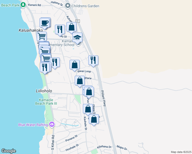 map of restaurants, bars, coffee shops, grocery stores, and more near 181 Iliwai Loop in Kihei
