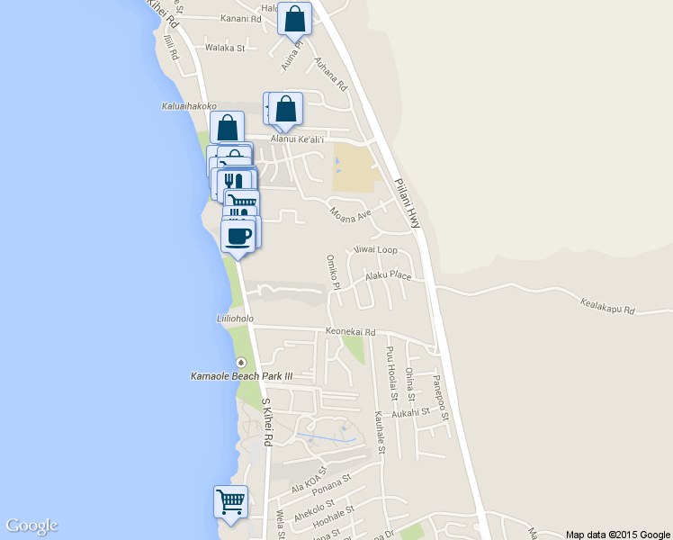 map of restaurants, bars, coffee shops, grocery stores, and more near 2553 Omiko Place in Kihei