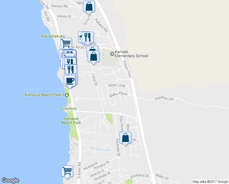 map of restaurants, bars, coffee shops, grocery stores, and more near 18 Kamakoi Place in Kihei