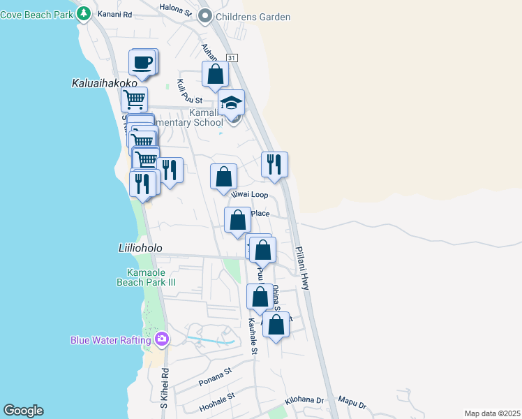 map of restaurants, bars, coffee shops, grocery stores, and more near 11 Luanaiki Place in Kihei