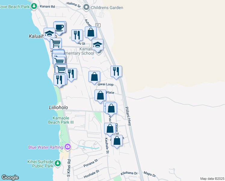 map of restaurants, bars, coffee shops, grocery stores, and more near 182 Iliwai Loop in Kihei