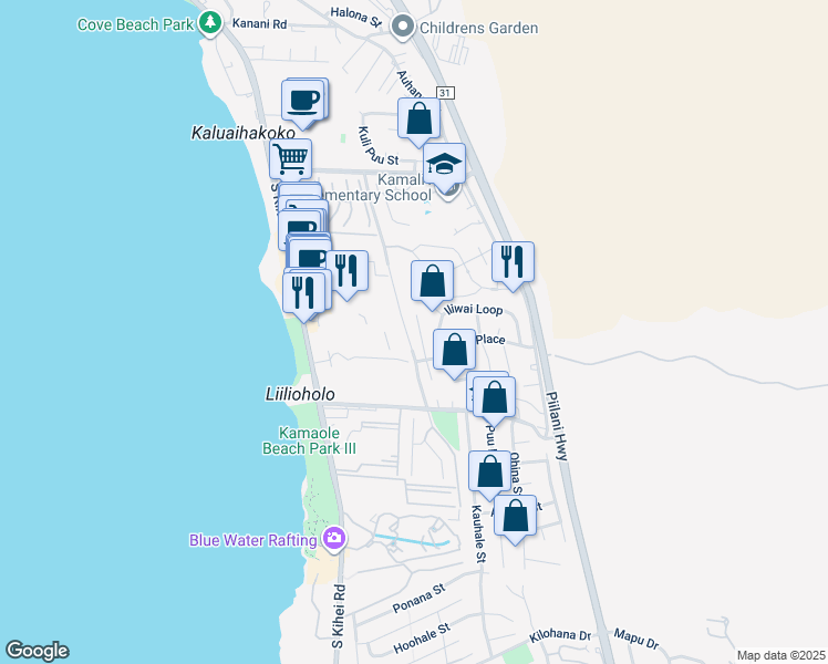 map of restaurants, bars, coffee shops, grocery stores, and more near 2548 Omiko Place in Kihei