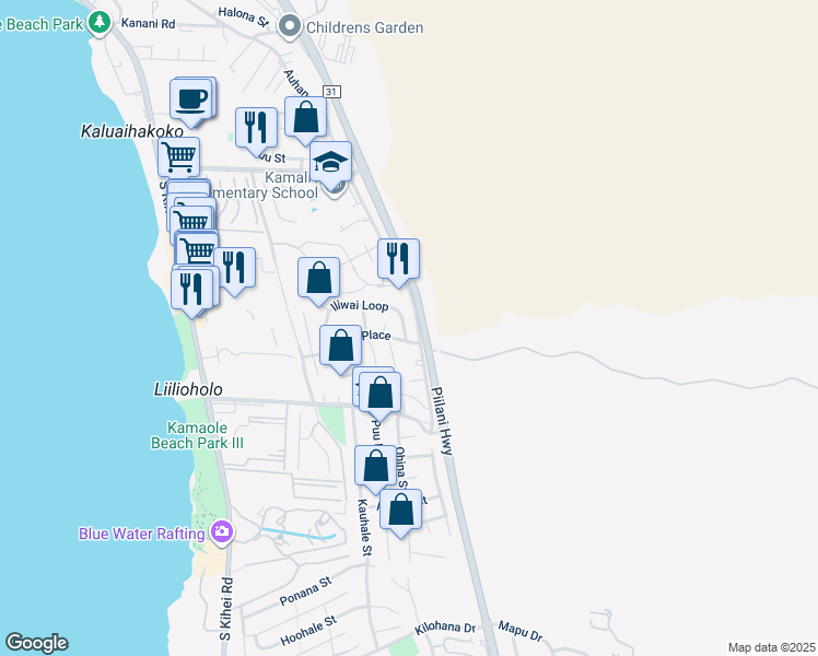 map of restaurants, bars, coffee shops, grocery stores, and more near 173 Iliwai Loop in Kihei