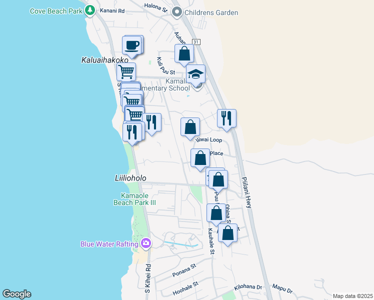 map of restaurants, bars, coffee shops, grocery stores, and more near 2553 Omiko Place in Kihei