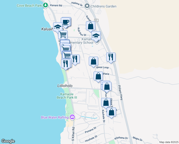 map of restaurants, bars, coffee shops, grocery stores, and more near 2548 Omiko Place in Kihei